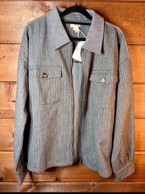 Hem & Thread Gray Pinstripe Utility Jacket Lightweight Zip Up Front Size Medium